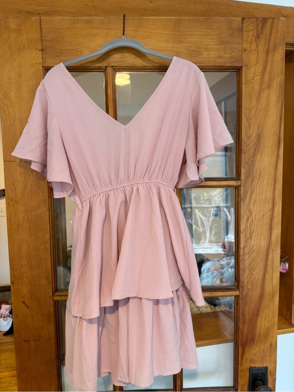 SHEIN Dusty Pink V-Neck Tiered Mini Dress